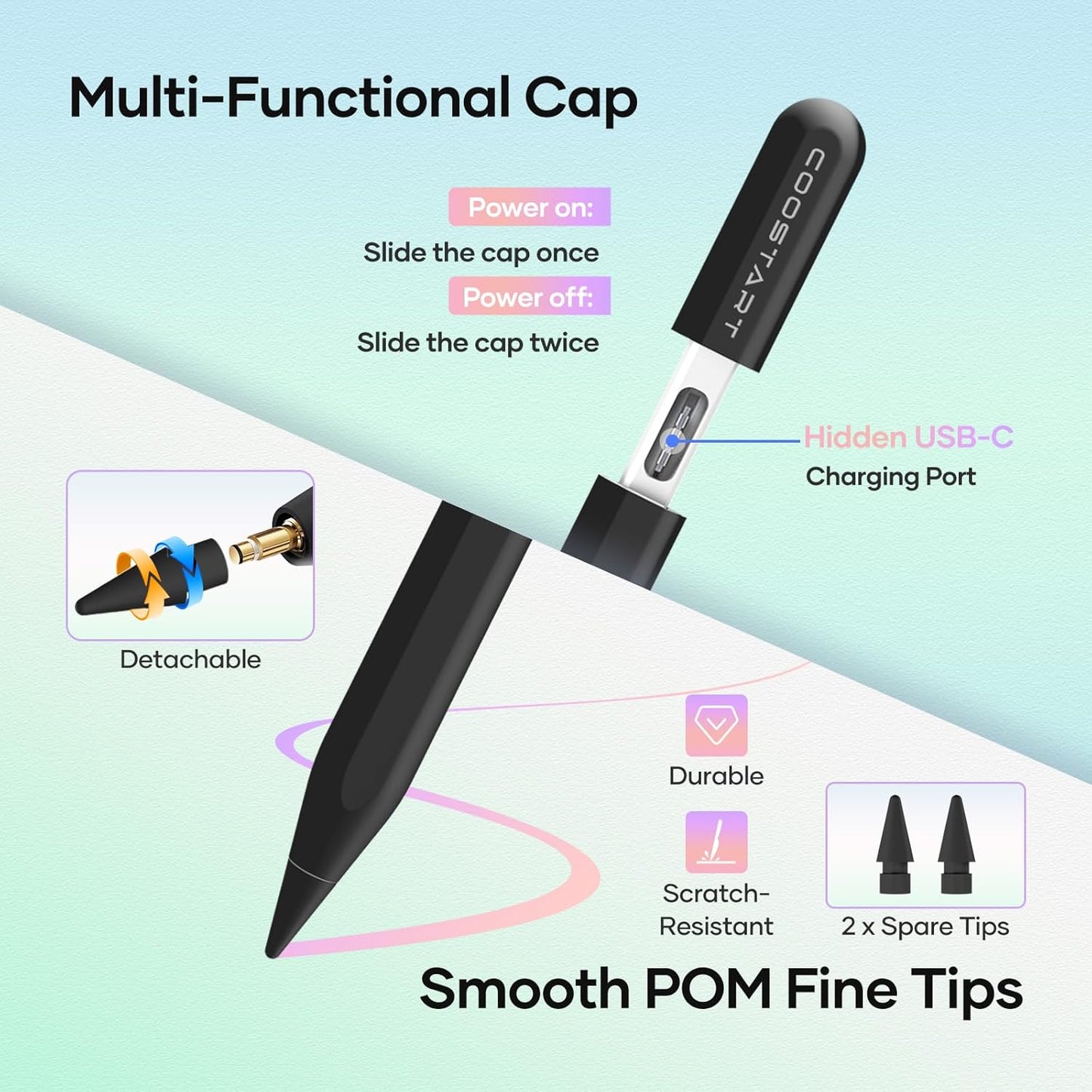 Stylus Pen for iPad 9th&10th Generation, 5 Mins Fast Charging Active Pencil Work for 2018-2024 iPad Air 3/4/5, iPad 6/7/8/9/10/11, iPad mini 5/6, iPad Pro 11"/12.9", Black