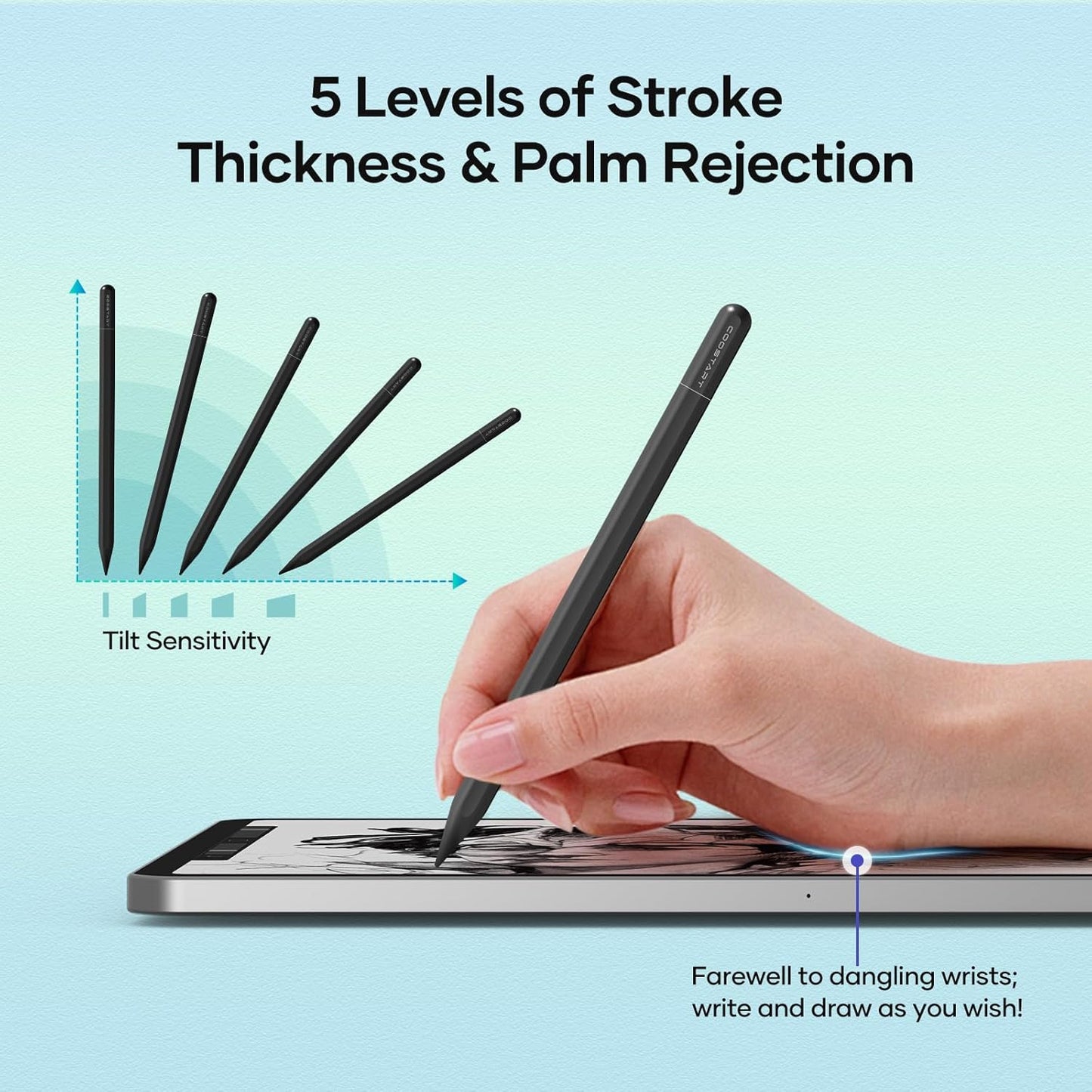 Stylus Pen for iPad 9th&10th Generation, 5 Mins Fast Charging Active Pencil Work for 2018-2024 iPad Air 3/4/5, iPad 6/7/8/9/10/11, iPad mini 5/6, iPad Pro 11"/12.9", Black