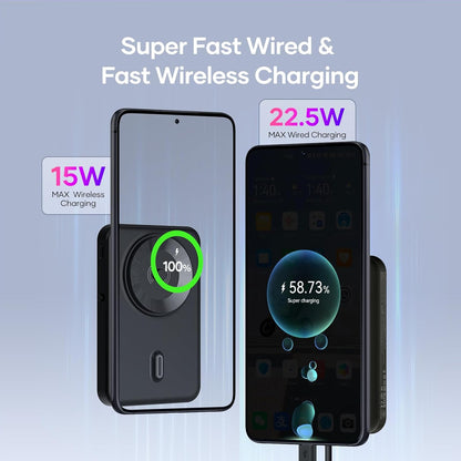 Wireless Portable Charger for Samsung, 5000mAh Ultra Slim Power Bank with Innovative Electric Suction Cup, Compatible with iPhone and Android Cell Phone, Support 22.5W USB-C PD Fast Charging, Black