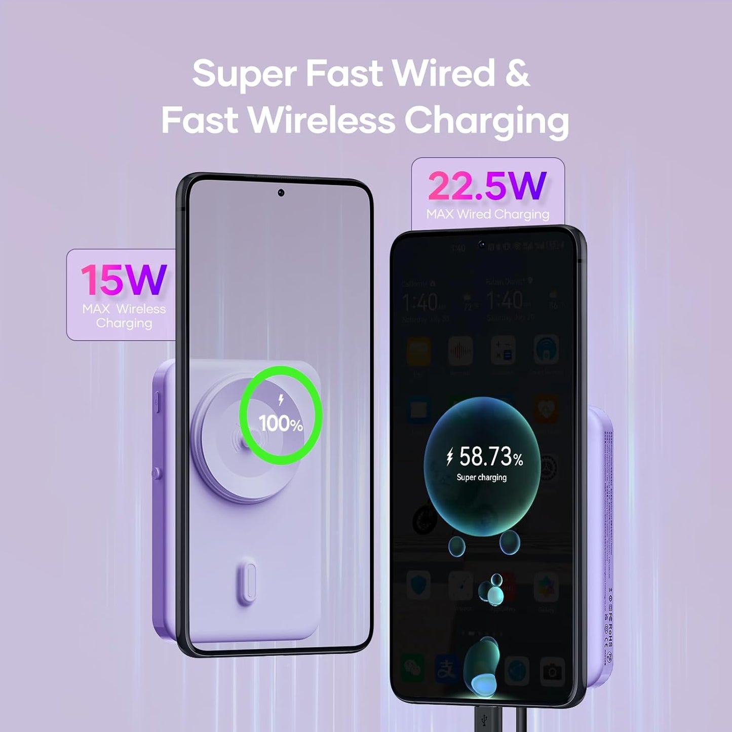 Wireless Portable Charger for Samsung, 5000mAh Ultra Slim Power Bank with Innovative Electric Suction Cup, Compatible with iPhone and Android Cell Phone, Support 22.5W USB-C PD Fast Charging, Purple