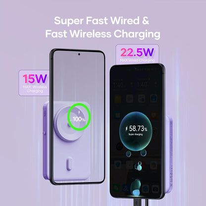 Wireless Portable Charger for Samsung, 5000mAh Ultra Slim Power Bank with Innovative Electric Suction Cup, Compatible with iPhone and Android Cell Phone, Support 22.5W USB-C PD Fast Charging, Purple