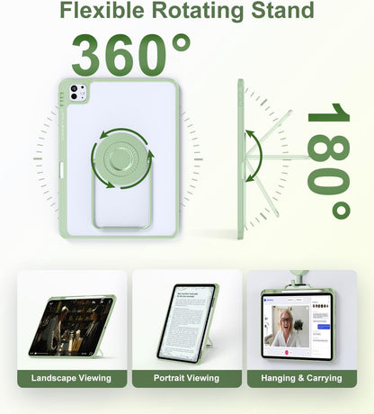 Rotating Case for iPad Air 11 Inch (M3/M2, 2025/2024), iPad Pro 11 Inch (4th/3rd/2nd/1st) & Air 5/4 with Pencil Holder, 360 Degree Rotating Stand for Portrait/Landscape Modes, Case with Stand, Green