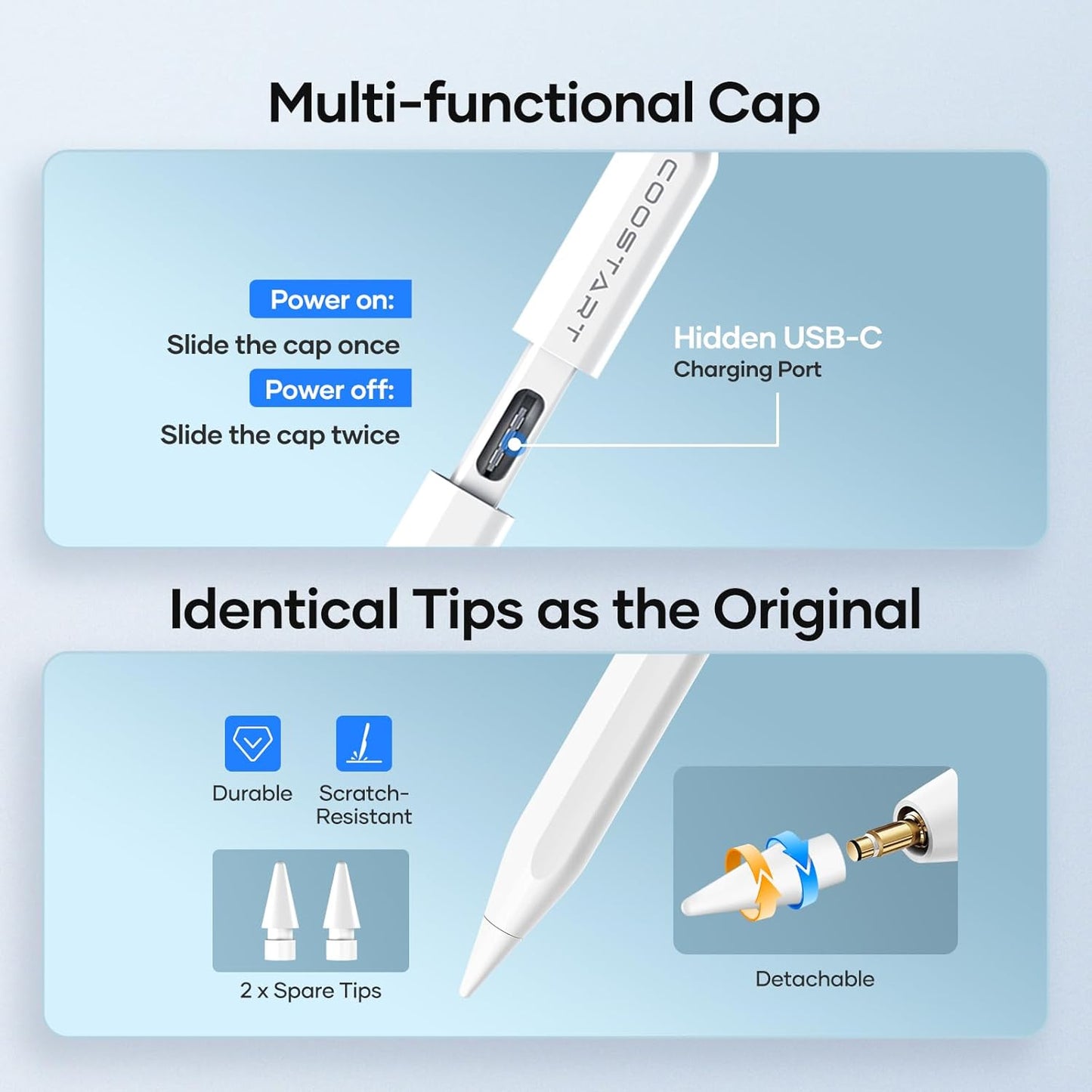 Stylus Pen for iPad 9th&10th Generation, 5 Mins Ultra Fast Charging Active Pencil Work for 2018-2023 iPad Air 3/4/5, iPad 6/7/8/9/10, Mini 5/6, Pro 11"/12.9", White