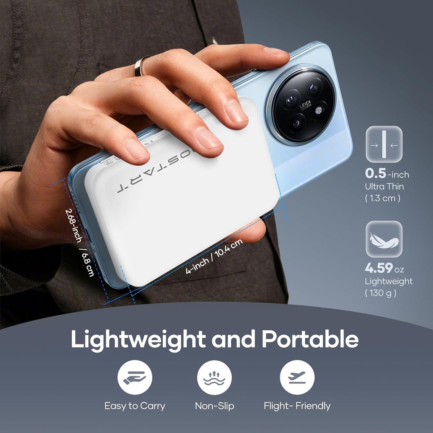 Wireless Portable Charger for Samsung, 5000mAh Ultra Slim Power Bank with Innovative Electric Suction Cup, Compatible with iPhone and Android Cell Phone, Support 22.5W USB-C PD Fast Charging, White