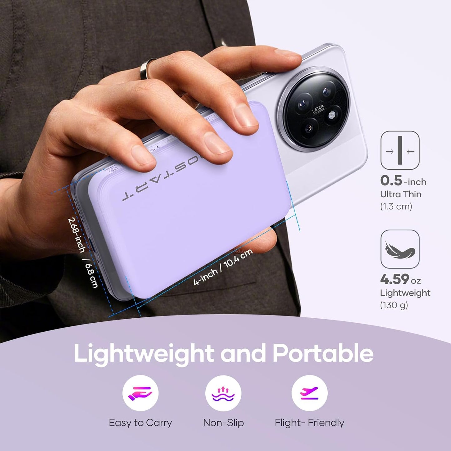 Wireless Portable Charger for Samsung, 5000mAh Ultra Slim Power Bank with Innovative Electric Suction Cup, Compatible with iPhone and Android Cell Phone, Support 22.5W USB-C PD Fast Charging, Purple
