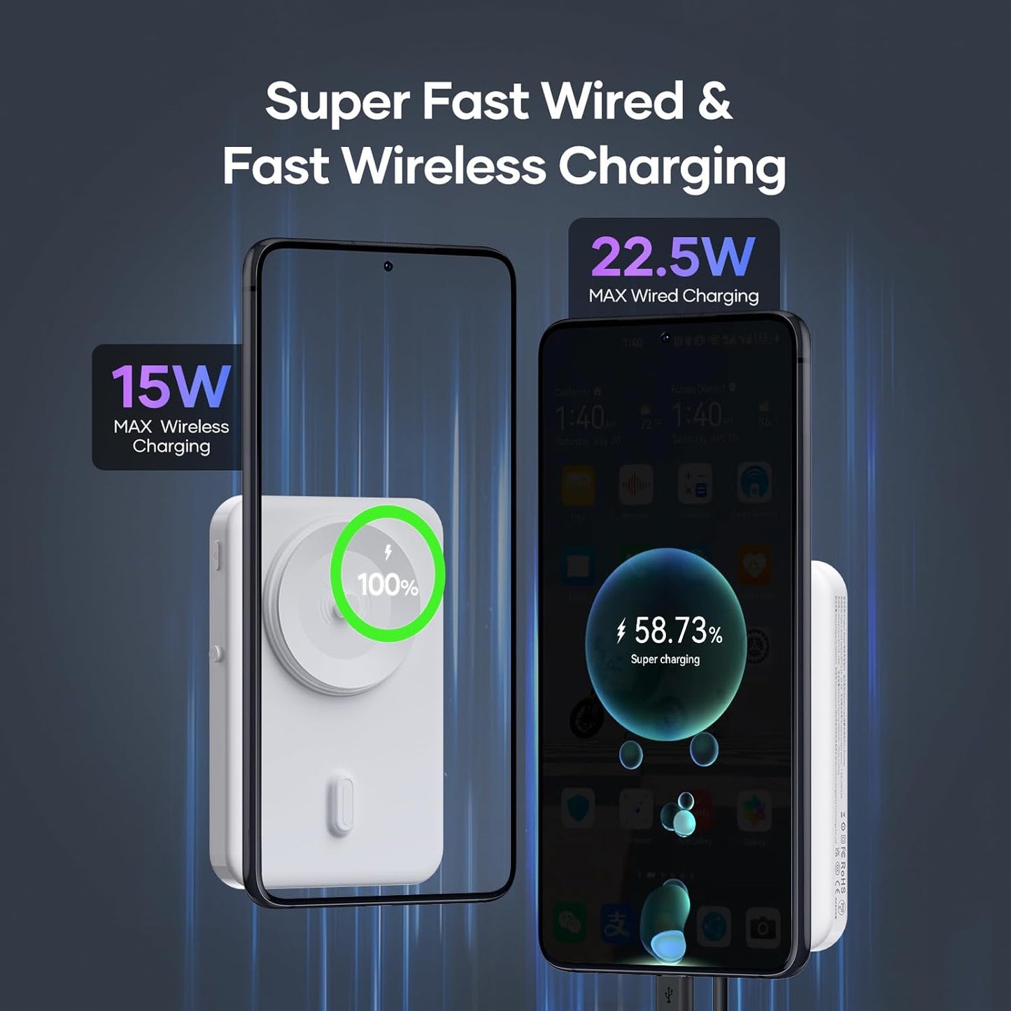 Wireless Portable Charger for Samsung, 5000mAh Ultra Slim Power Bank with Innovative Electric Suction Cup, Compatible with iPhone and Android Cell Phone, Support 22.5W USB-C PD Fast Charging, White