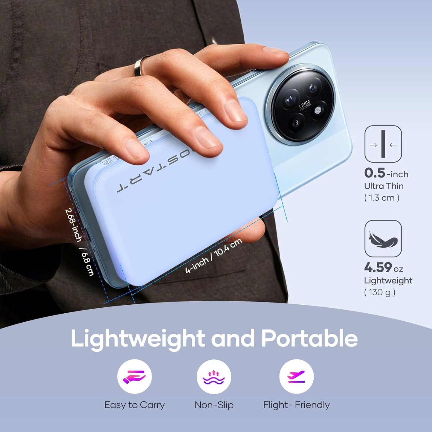 Wireless Portable Charger for Samsung, 5000mAh Ultra Slim Power Bank with Innovative Electric Suction Cup, Compatible with iPhone and Android Cell Phone, Support 22.5W USB-C PD Fast Charging, Blue