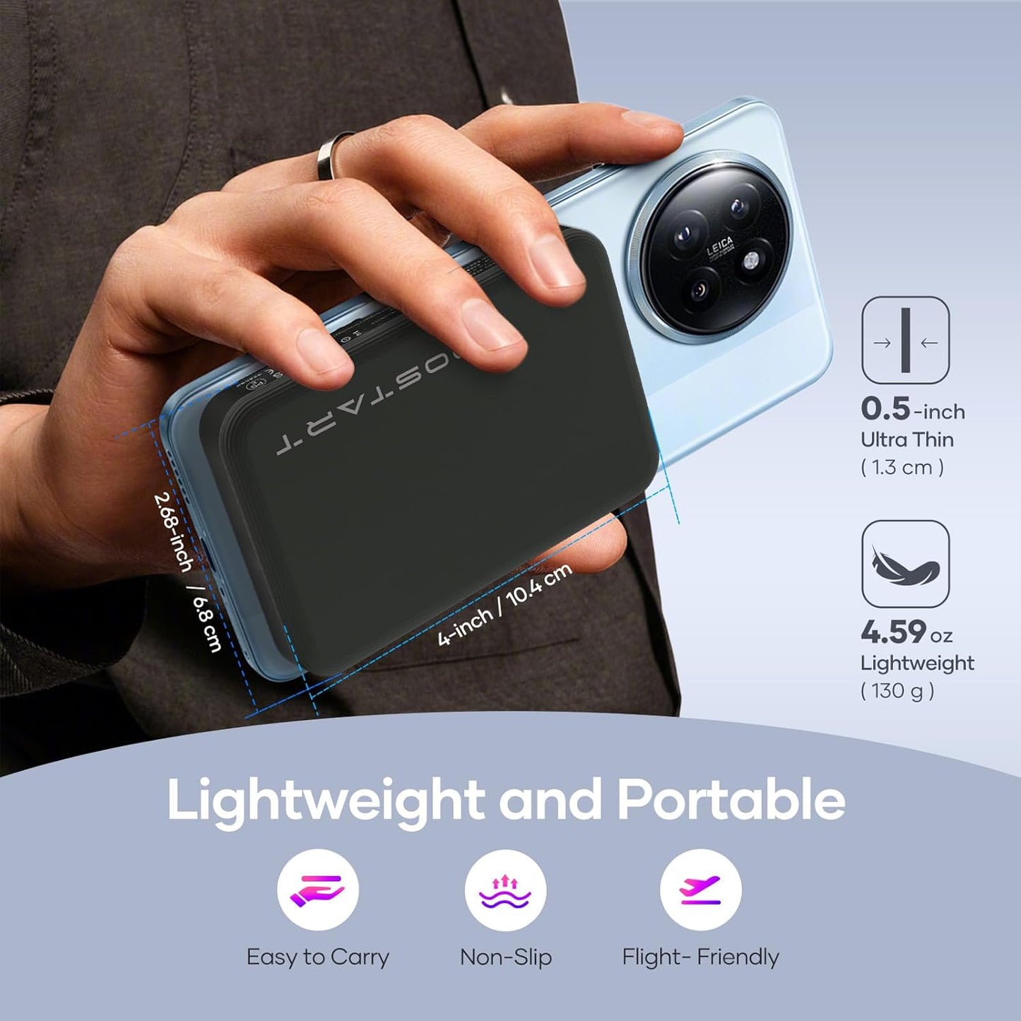 Wireless Portable Charger for Samsung, 5000mAh Ultra Slim Power Bank with Innovative Electric Suction Cup, Compatible with iPhone and Android Cell Phone, Support 22.5W USB-C PD Fast Charging, Black