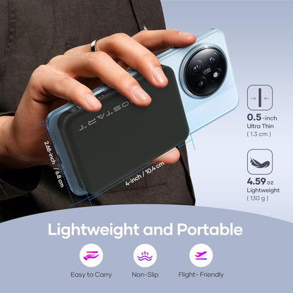 Wireless Portable Charger for Samsung, 5000mAh Ultra Slim Power Bank with Innovative Electric Suction Cup, Compatible with iPhone and Android Cell Phone, Support 22.5W USB-C PD Fast Charging, Black