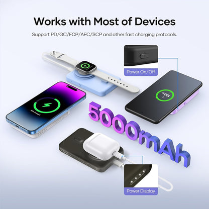 Wireless Portable Charger for Samsung, 5000mAh Ultra Slim Power Bank with Innovative Electric Suction Cup, Compatible with iPhone and Android Cell Phone, Support 22.5W USB-C PD Fast Charging, Black