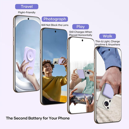 Wireless Portable Charger for Samsung, 5000mAh Ultra Slim Power Bank with Innovative Electric Suction Cup, Compatible with iPhone and Android Cell Phone, Support 22.5W USB-C PD Fast Charging, Purple