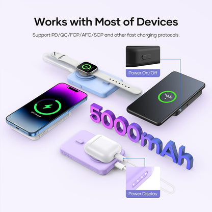 Wireless Portable Charger for Samsung, 5000mAh Ultra Slim Power Bank with Innovative Electric Suction Cup, Compatible with iPhone and Android Cell Phone, Support 22.5W USB-C PD Fast Charging, Purple