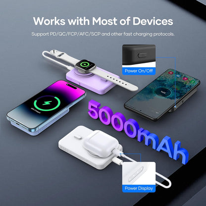 Wireless Portable Charger for Samsung, 5000mAh Ultra Slim Power Bank with Innovative Electric Suction Cup, Compatible with iPhone and Android Cell Phone, Support 22.5W USB-C PD Fast Charging, White