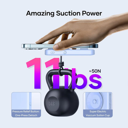 Wireless Portable Charger for Samsung, 5000mAh Ultra Slim Power Bank with Innovative Electric Suction Cup, Compatible with iPhone and Android Cell Phone, Support 22.5W USB-C PD Fast Charging, Blue