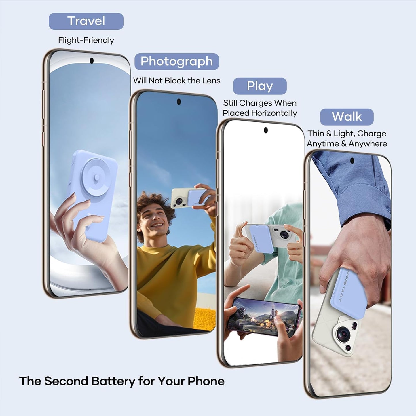 Wireless Portable Charger for Samsung, 5000mAh Ultra Slim Power Bank with Innovative Electric Suction Cup, Compatible with iPhone and Android Cell Phone, Support 22.5W USB-C PD Fast Charging, Blue