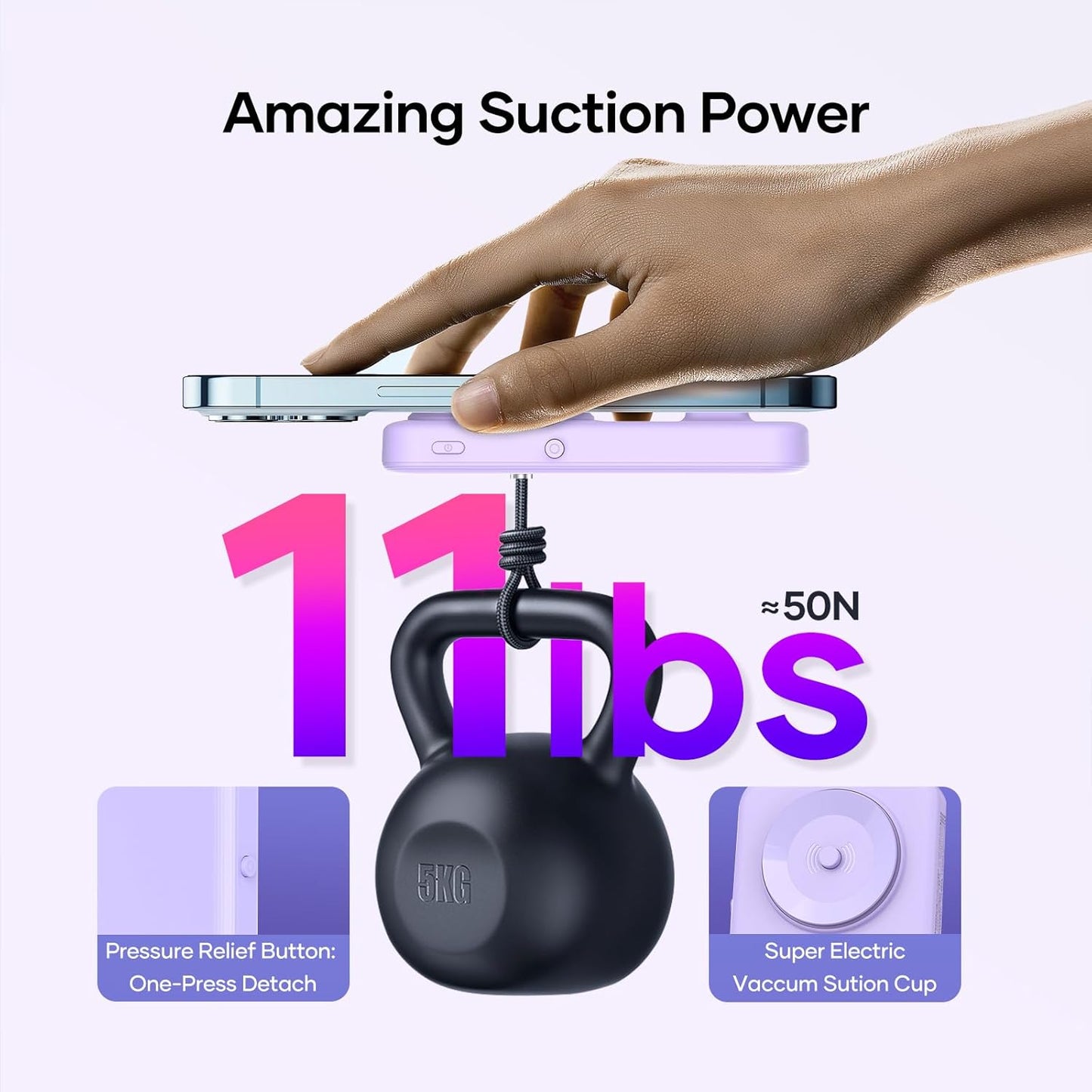Wireless Portable Charger for Samsung, 5000mAh Ultra Slim Power Bank with Innovative Electric Suction Cup, Compatible with iPhone and Android Cell Phone, Support 22.5W USB-C PD Fast Charging, Purple